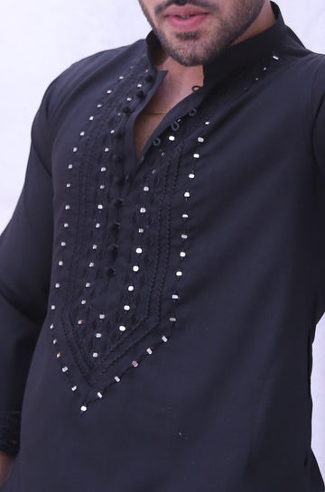 Black Color Mirror Work Embroidery Kurta Pajama For Men